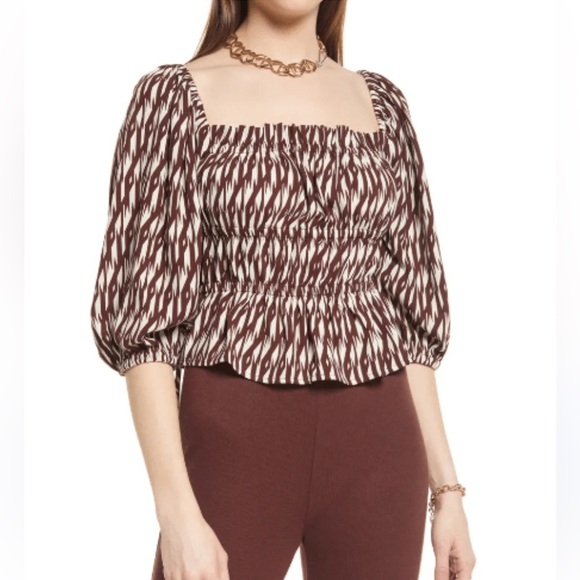 Open Edit Tops - Open edit Chic Smocked Brown and White Blouse